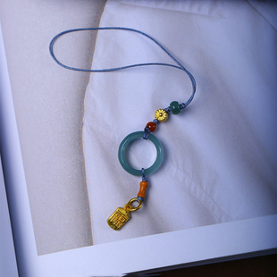 天然A货翡翠危料蓝水料圆环原创款 翡翠手机挂坠饰品 手机挂绳女款