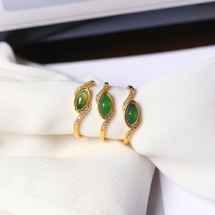 工厂清货 天然和田玉碧玉冰猫眼戒面款纯银镶嵌款戒指 简约款戒圈