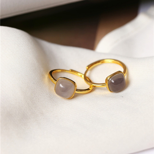 天然和田玉冰料烟紫方糖款戒面纯银镶嵌戒指 女款玉石戒圈饰品