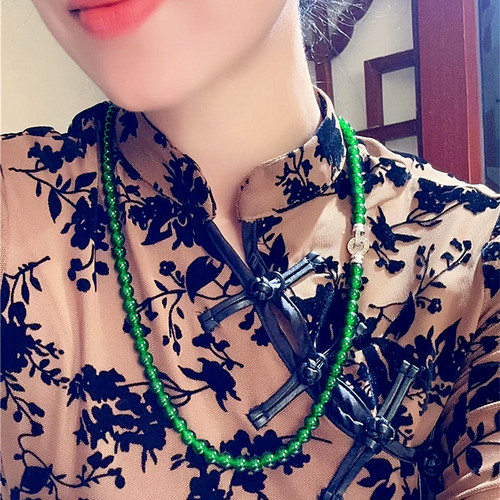 A货翡翠危料帝王绿圆珠款项链