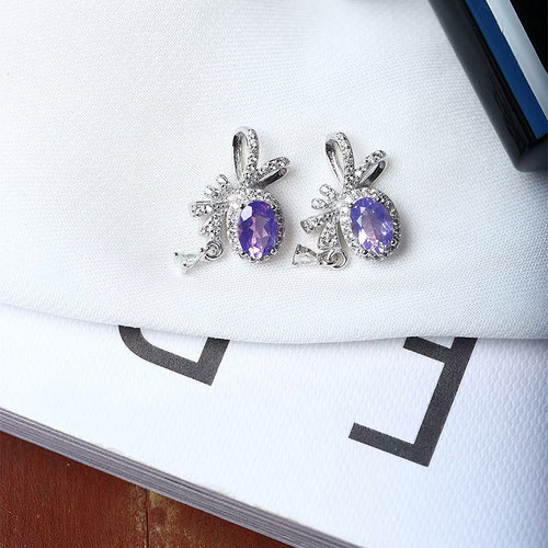 精品彩宝 天然紫玉晶裸石纯银镶嵌款吊坠 女款彩宝水晶锁骨坠饰品