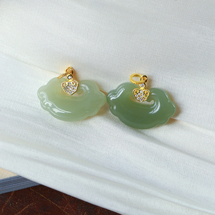 天然和田玉如意吊坠镶嵌款平安锁吊坠雕刻件 女玉石挂坠饰品礼物