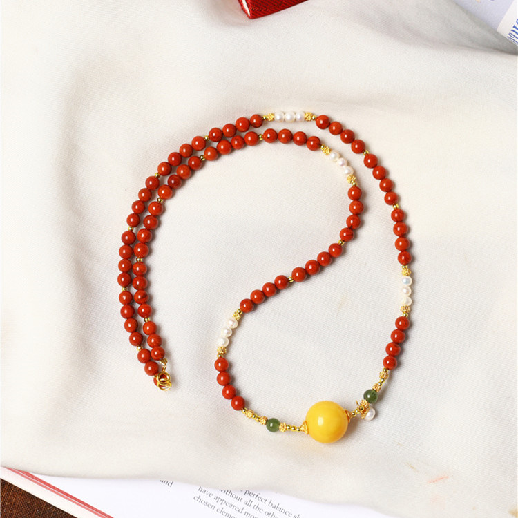 天然川料南红玛瑙珠链搭配蜜蜡原创搭配款项链锁骨链女款水晶项链