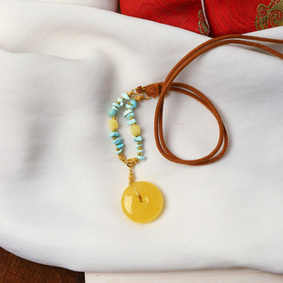 天然俄料蜜蜡鸡油黄平安扣款吊坠 女款琥珀原创搭配款挂坠饰品