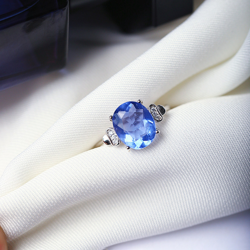 精品彩宝天然蓝色萤石全净体裸石纯银镶嵌款戒指女款水晶戒指饰品