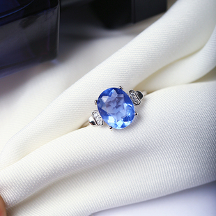 精品彩宝天然蓝色萤石全净体裸石纯银镶嵌款戒指女款水晶戒指饰品