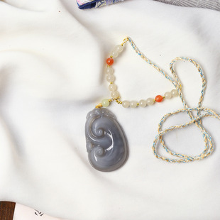 天然和田玉老料烟紫雕刻如意锁原创款吊坠 女款玉石锁骨链饰品