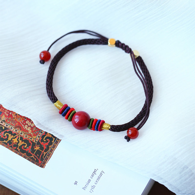 原矿朱砂紫晶砂圆珠原创红绳