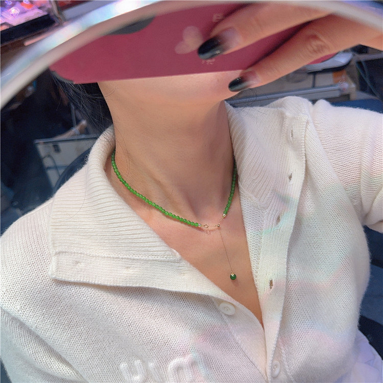 天然碧玉冰阳绿色圆珠18K金调节扣款项链 女款精致玉石颈链饰品