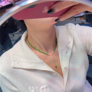 精致玉石颈链饰品 女款 天然碧玉冰阳绿色圆珠18K金调节扣款 项链