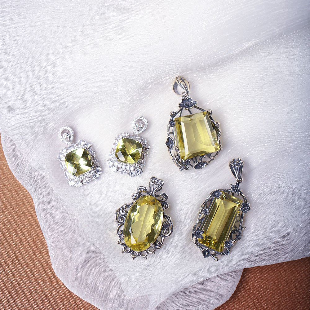 精品彩宝 天然黄水晶纯银镶嵌方糖款吊坠 女款彩宝水晶吊坠饰品