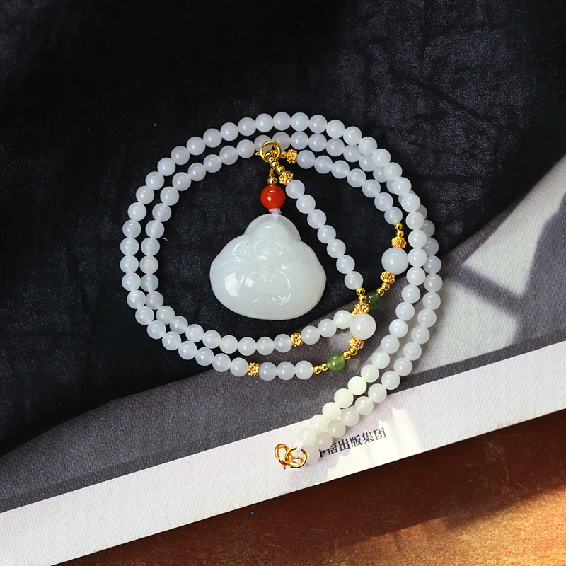 天然和田玉白玉雕刻抱抱佛搭配白玉链子原创款吊坠毛衣链女款挂坠