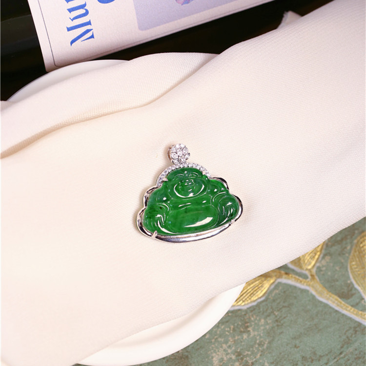 天然A货翡翠危料帝王绿纯银镶嵌弥勒佛款吊坠 女款翡翠佛公挂坠