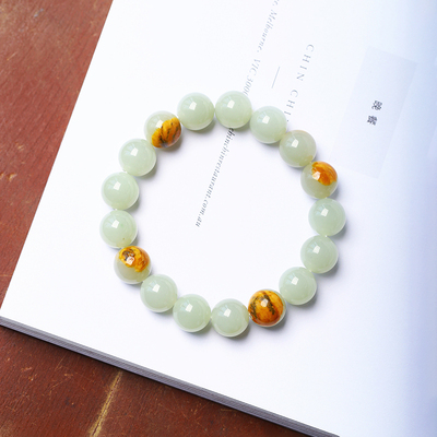 天然和田玉新疆山流水籽料带原皮圆珠款手链 男女款玉石手串饰品