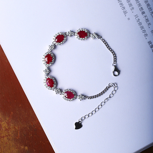精品彩宝 天然红宝石银手链可调节 女中高端彩宝锆石银镶饰品礼物