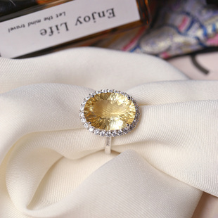 精品彩宝天然黄水晶全净体裸石纯银镶嵌款戒指 女款彩宝戒指饰品