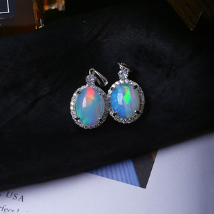 精品彩宝 天然欧珀蛋面裸石纯银镶嵌款吊坠 女款欧泊饰品火彩好