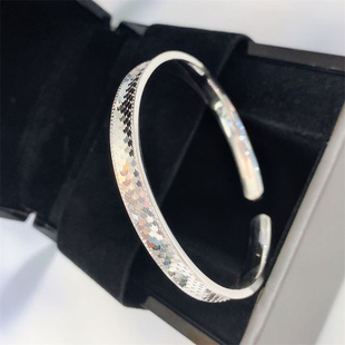 999足银车花龙鳞纹开口款手镯 女款纯银时尚镯子送闺蜜饰品礼物