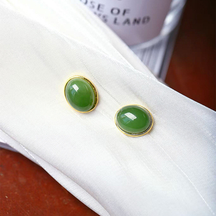 玉石简约款 女款 耳饰礼物 耳钉 天然俄罗斯碧玉蛋面纯银镶嵌款