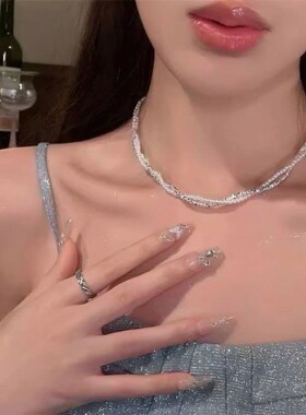 925纯银碎银搭配贝珠双层款项链 女款简约时尚银锁骨链饰品礼物