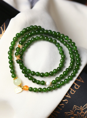 天然俄罗斯碧玉冰绿圆珠原创搭配款三圈手链女款玉石三圈手串饰品