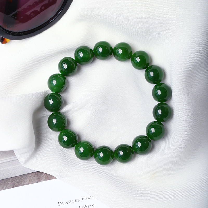 精品 天然俄罗斯碧玉老料菠菜绿圆珠款手链 男女款玉石手链饰品