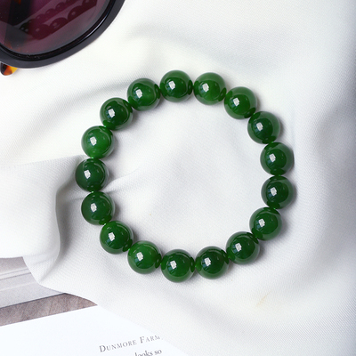 精品 天然俄罗斯碧玉老料菠菜绿圆珠款手链 男女款玉石手链饰品