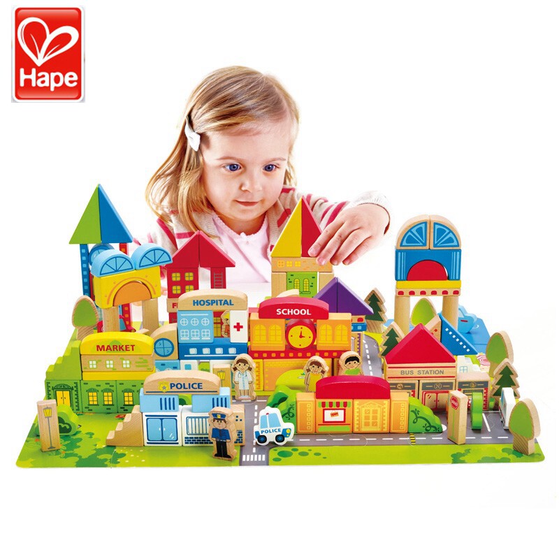 Hape145块城市情景积木儿童拼搭木质大颗粒大块木制益智玩具1-6岁