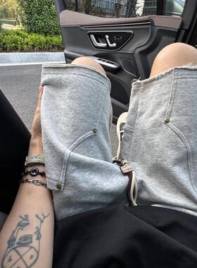 男生灰色柳钉短裤休闲宽松夏季美式松弛感裤子过膝重磅工装五分裤