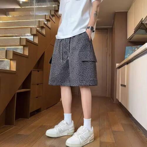 豹纹冰感直筒宽松男士五分短裤