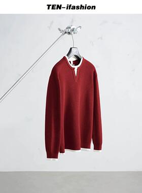 撞色假两件红色毛衣男女通用圆领本命年针织衫新年好运穿搭长袖男