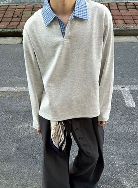 花灰色格纹拼接t恤男款秋季高知miu系长袖polo衫美式cleanfit外套