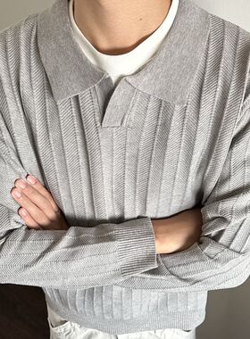 老钱风POLO领针织衫男灰色轻熟风条纹肌理感翻领休闲百搭毛衣长袖