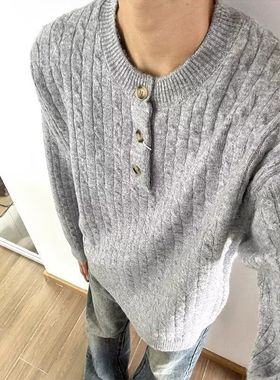 灰色美式亨利领毛衣男款冬季高级感慵懒风打底针织衫cleanfit上衣