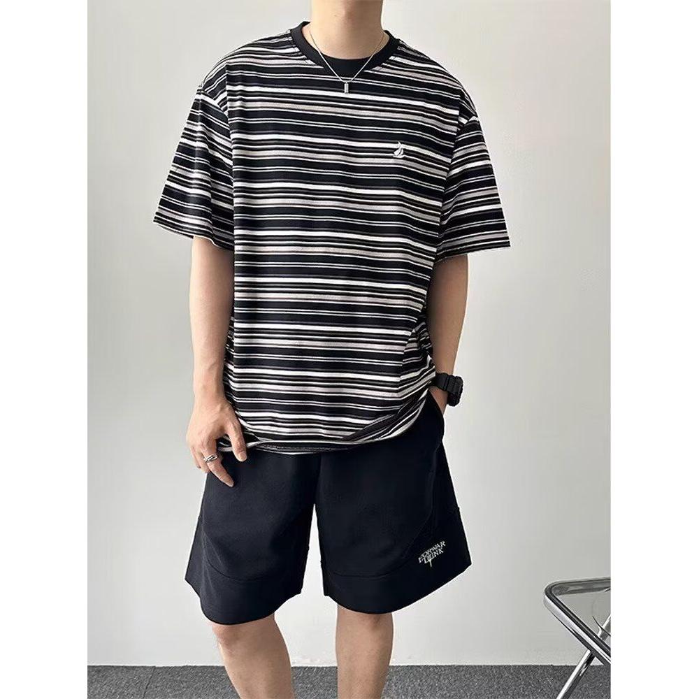 美式撞色细条纹休闲短袖T恤男生