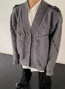 小众解构拉链开衫毛衣男秋冬灰色重工破坏美式设计感复古针织外套