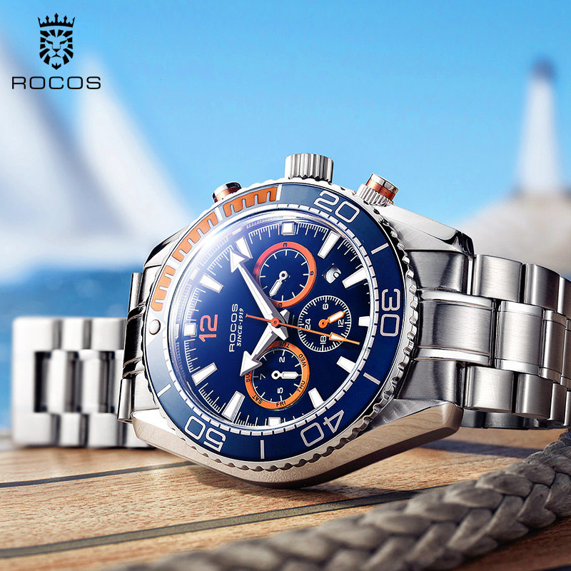 雷克斯rocos正品水鬼夜光休闲手表男士全自动机械表男表钢带防水