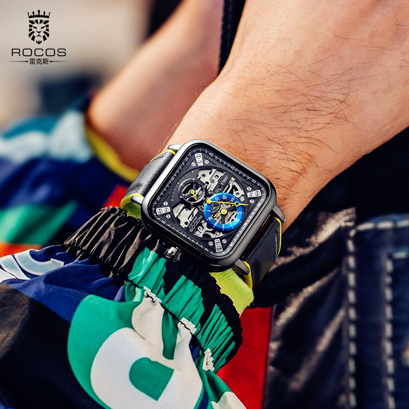 雷克斯rocos正品新款潮流镂空方形大表盘手表男全自动机械表防水