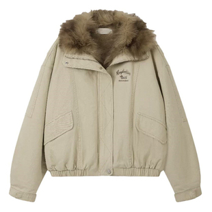 赵露思同款 夹克棉衣棉服棉袄女 卡其色大毛领派克服短外套翻领工装