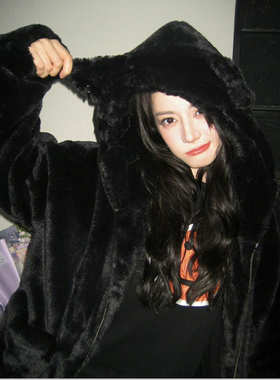 迪丽热巴同款黑色猫咪耳朵兔绒仿皮草大衣环保毛毛连帽外套女冬季