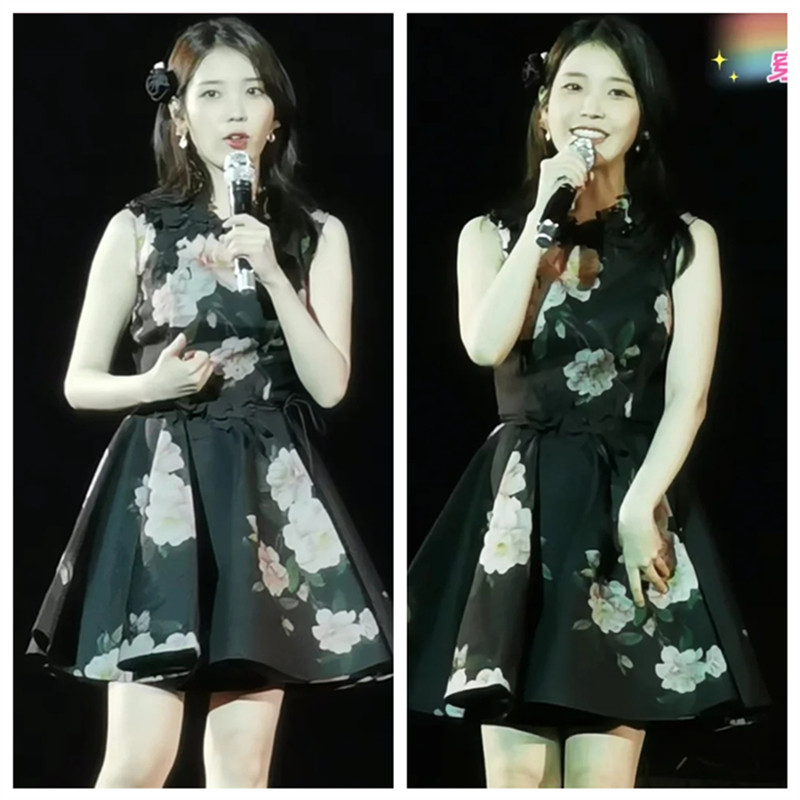 iu李知恩演唱会同款黑色碎花裙印花连衣裙背心裙公主裙蓬蓬短裙子
