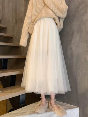 2025秋冬新款纱裙半身裙子仙女超仙森系杏色网纱裙中长款白色纱裙