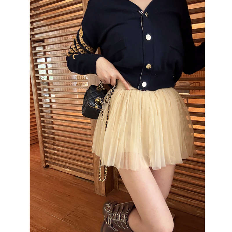 2025新款秋冬杏色芭蕾蓬蓬短裙高级感高腰显瘦网纱半身裙