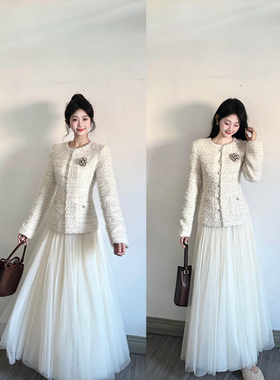 2025新款春装白色a字纱裙高腰垂感中长款网纱半身裙女超仙伞裙子