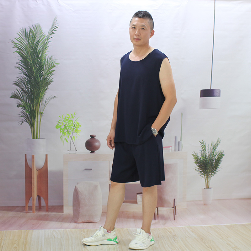 夏款纯棉绸背心短裤套装男