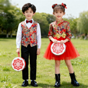 元旦儿童喜庆打鼓服装说唱中国红表演太平女儿鼓舞蹈小梦娃演出服