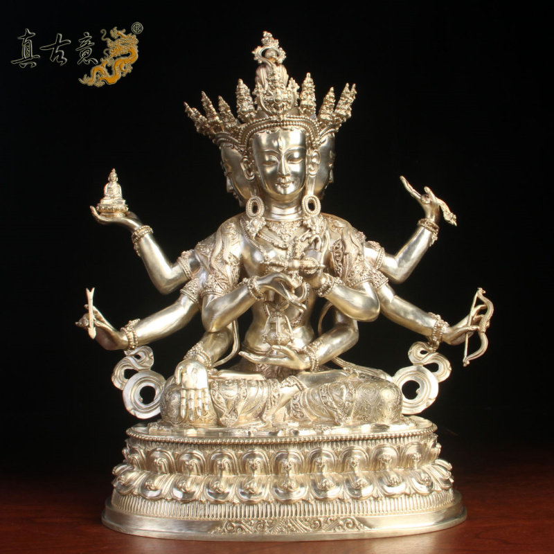 真古意 尊胜佛母菩萨像摆件黄铜三面八臂菩萨长寿藏传佛堂供奉