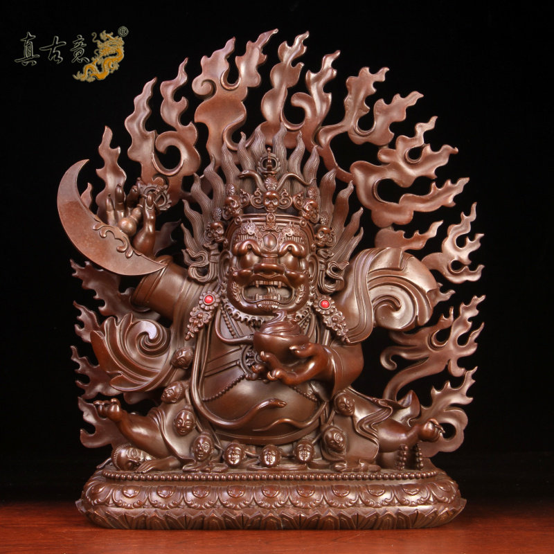 真古意 黄铜二臂玛哈嘎拉财神佛像摆件 藏传大黑天护法神像