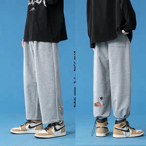 蓝底男秋季款ins宽松韩版长裤男潮流百搭束脚直筒裤男裤,一衣多搭街拍搭配图片