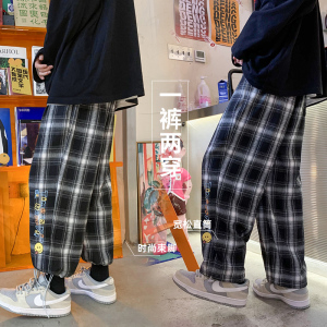 潮男女格子印花长裤 宽松束脚裤 长裤A2116P45图片